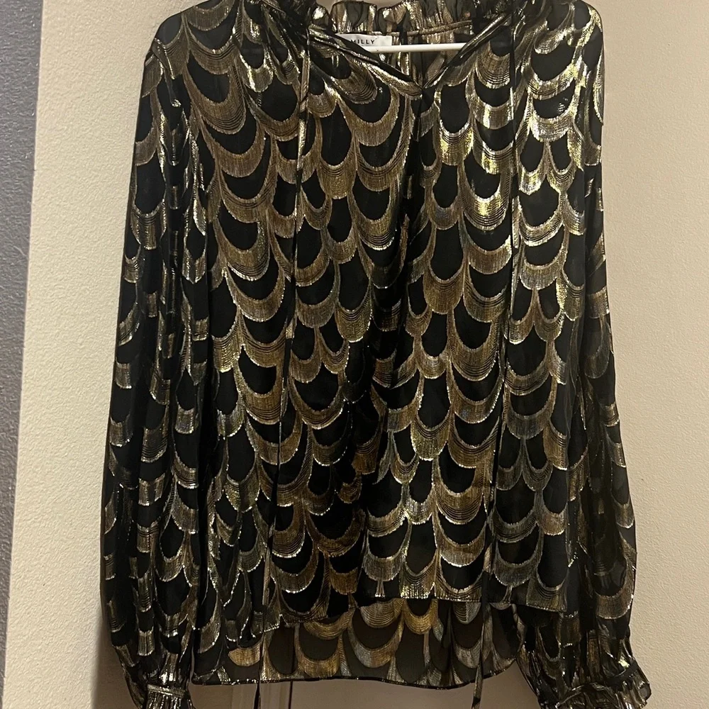 Milly Black & Gold Open Front Sheer Silk Blouse L - Picture 5 of 14